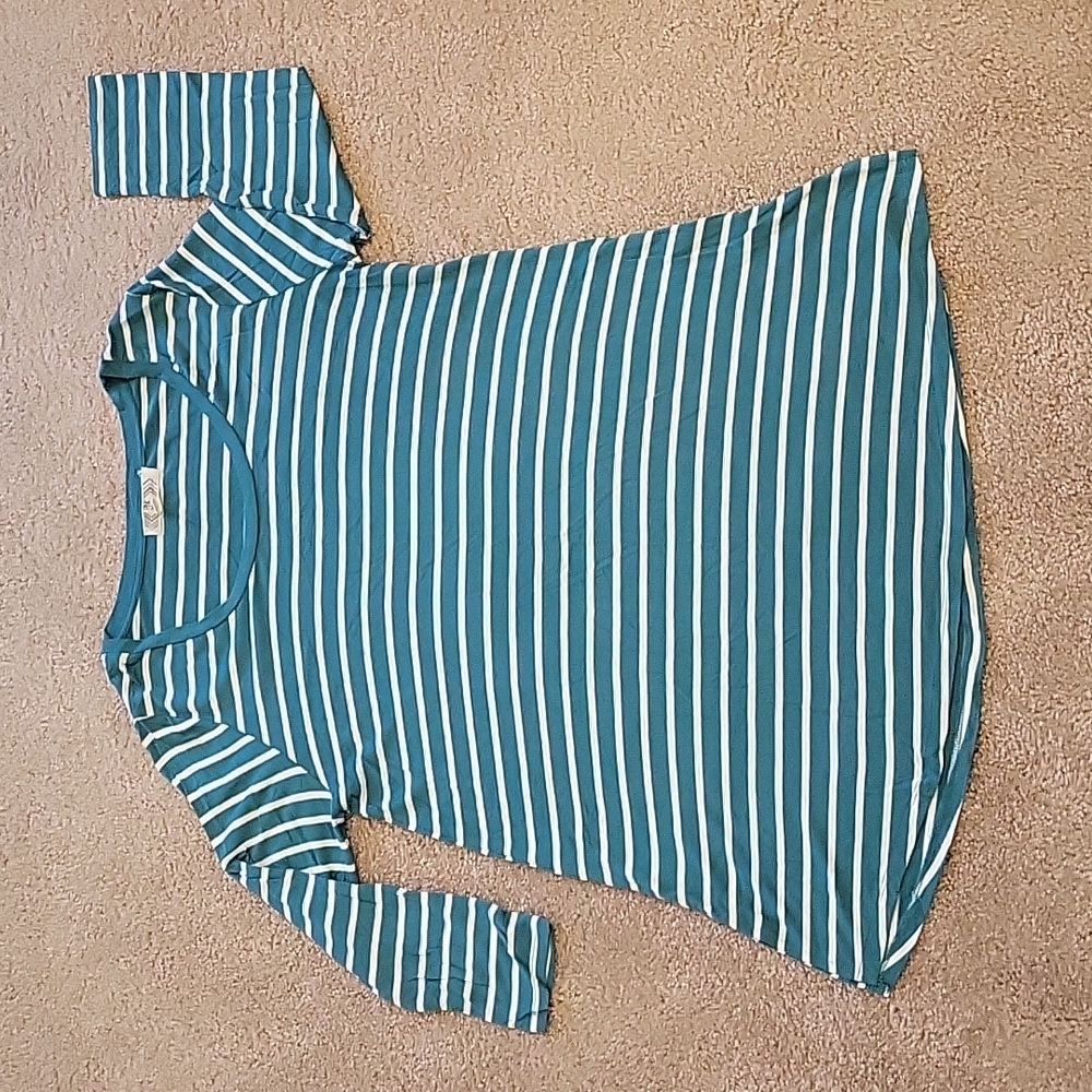 3/$20 Teal and White Striped 3/4 Sleeve Pink Rose Shirt Large